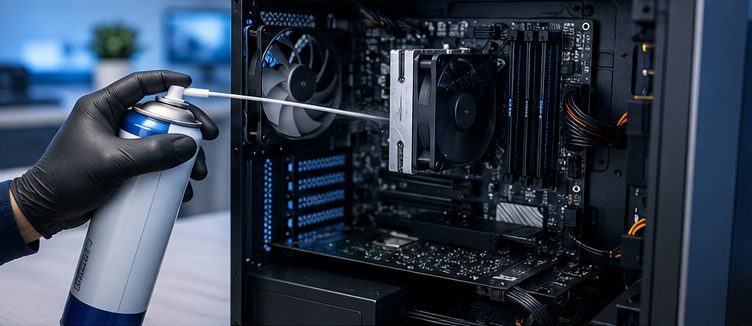 Mantención preventiva — limpieza interna de PC con aire comprimido