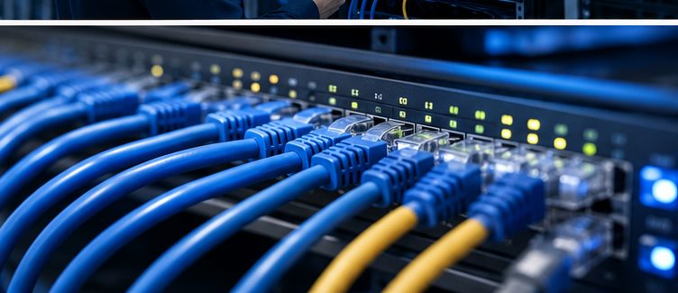 Redes y conectividad — cables de red conectados a switch