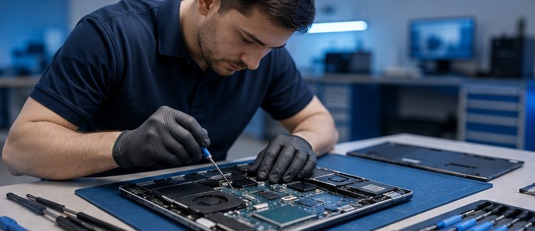 Reparación de equipos — técnico reparando notebook