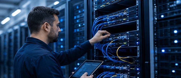 Soporte a servidores — técnico revisando rack de servidores